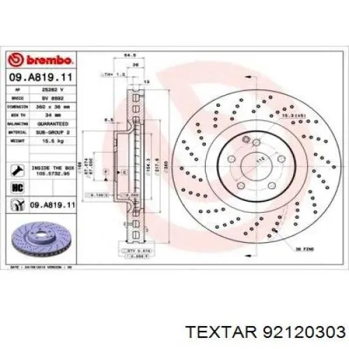 Диск переднього гальма Textar 92120303 ціна, від 139.80 USD