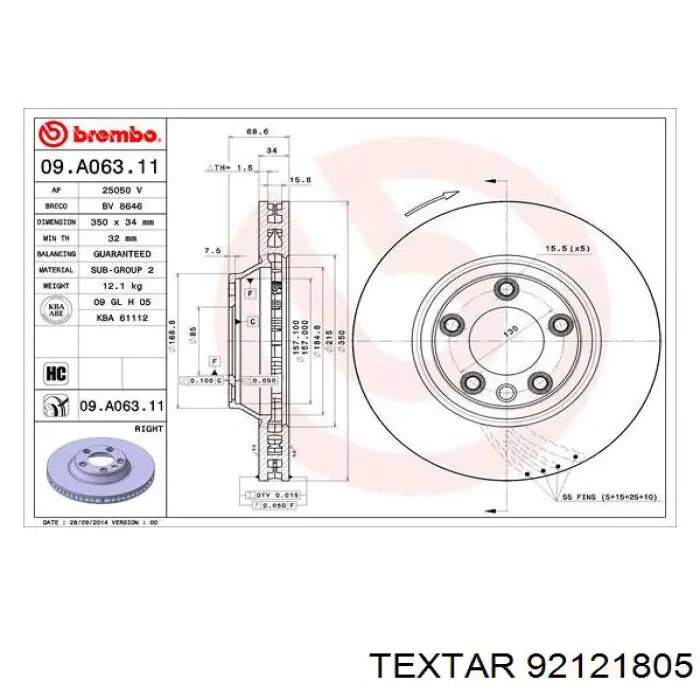 Диск переднього гальма Textar 92121805 ціна, від 120.86 USD