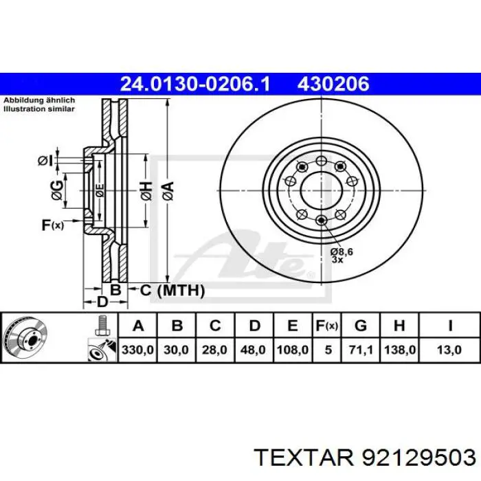 92129503 Textar диск гальмівний передній