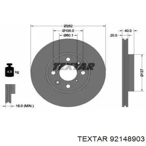 Диск переднього гальма Textar 92148903 ціна, від 31.64 USD