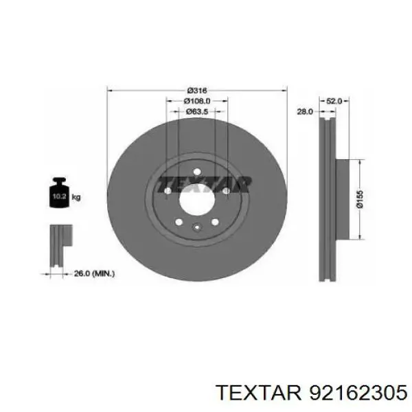 Диск гальмівний передній 92162305 Textar