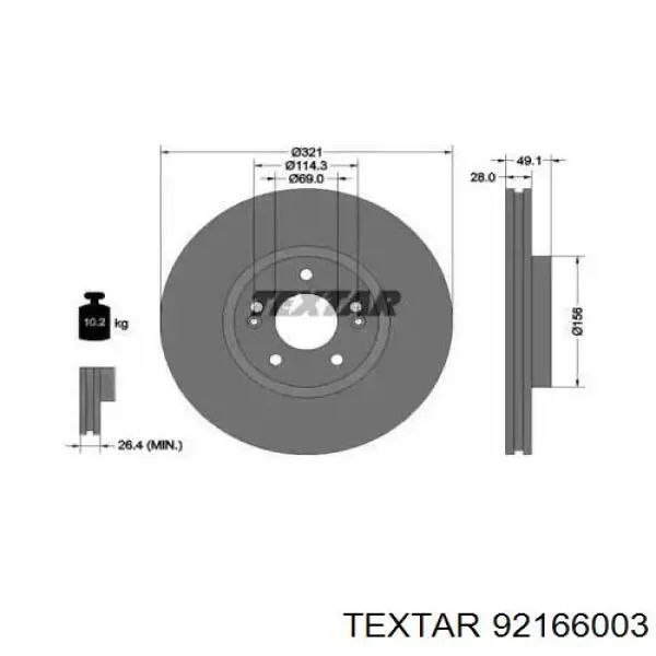 Диск гальмівний передній Textar 92166003