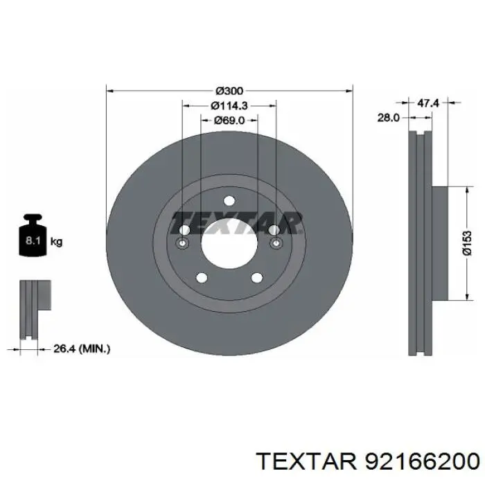 92166200 Textar Диск тормозной передний (Колесный диск 16", Dia.mm.: 300)