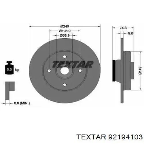 92194103 Textar диск гальмівний задній