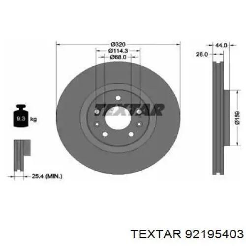 Диск переднього гальма Textar 92195403 ціна, від 62.28 USD