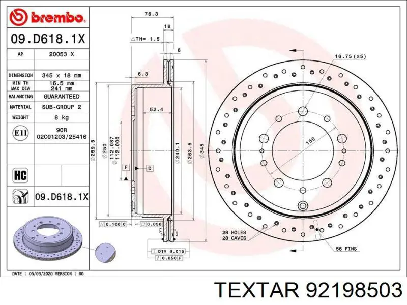 92198503 Textar диск гальмівний задній