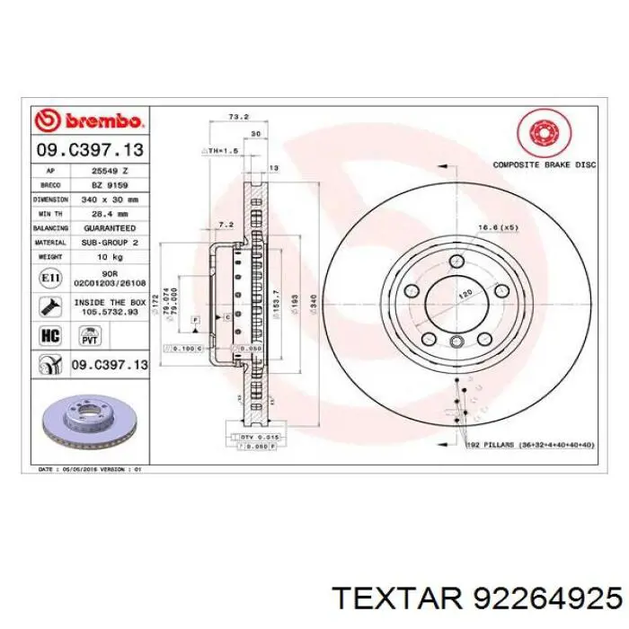 Диск переднього гальма Textar 92264925 ціна, від 178.39 USD