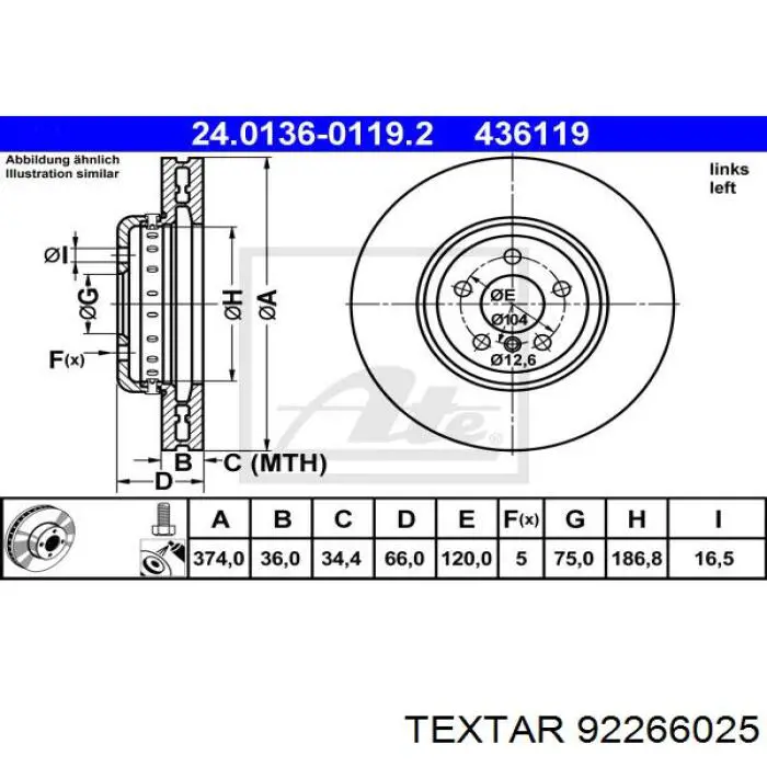 Диск переднього гальма Textar 92266025 ціна, від 166.31 USD