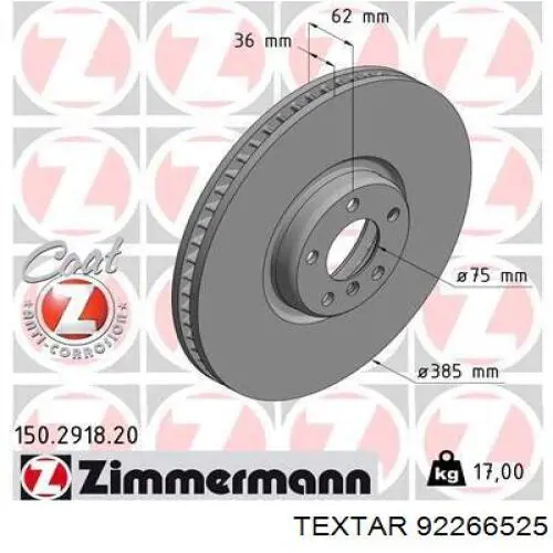 Диск переднього гальма Textar 92266525 ціна, від 239.44 USD