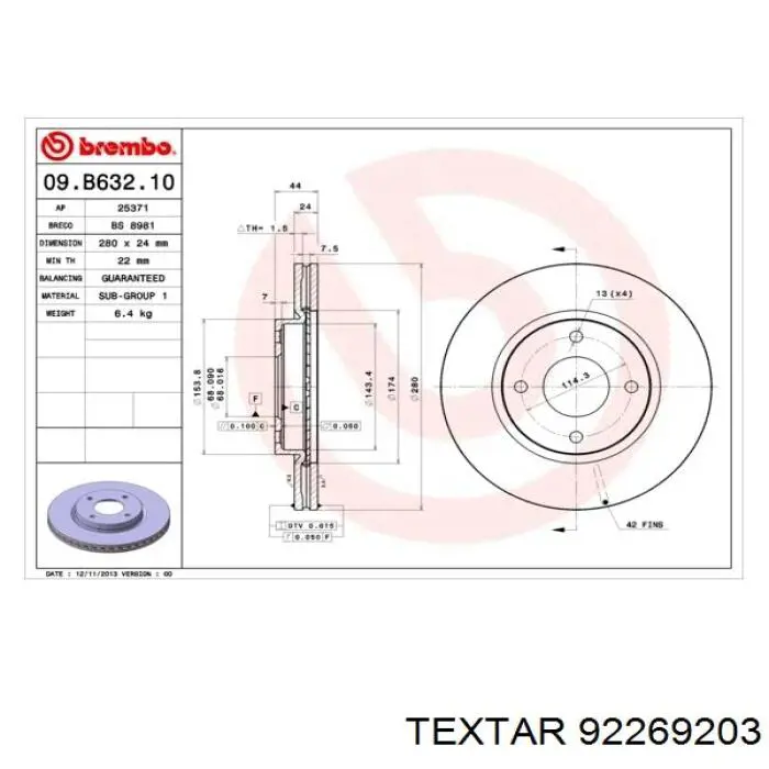 92269203 Textar Гальмо дискове переднє