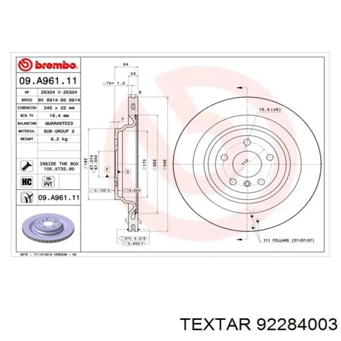 Задні дискові гальма Textar 92284003 ціна, від 94.79 USD
