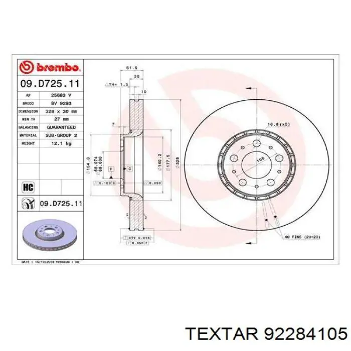 Диск переднього гальма Textar 92284105 ціна, від 66.62 USD