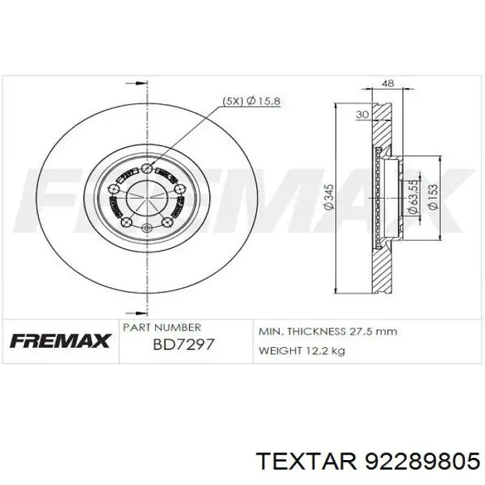 Диск переднього гальма Textar 92289805 ціна, від 88.58 USD