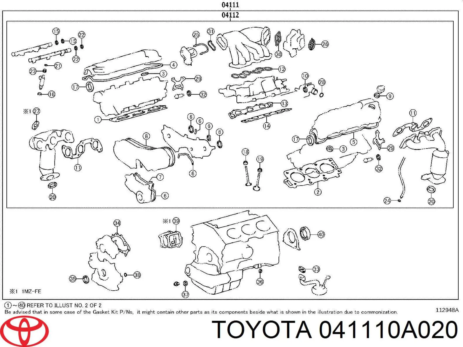 Комплект прокладок двигуна, повний Toyota 041110A020 ціна, від 352.44 USD