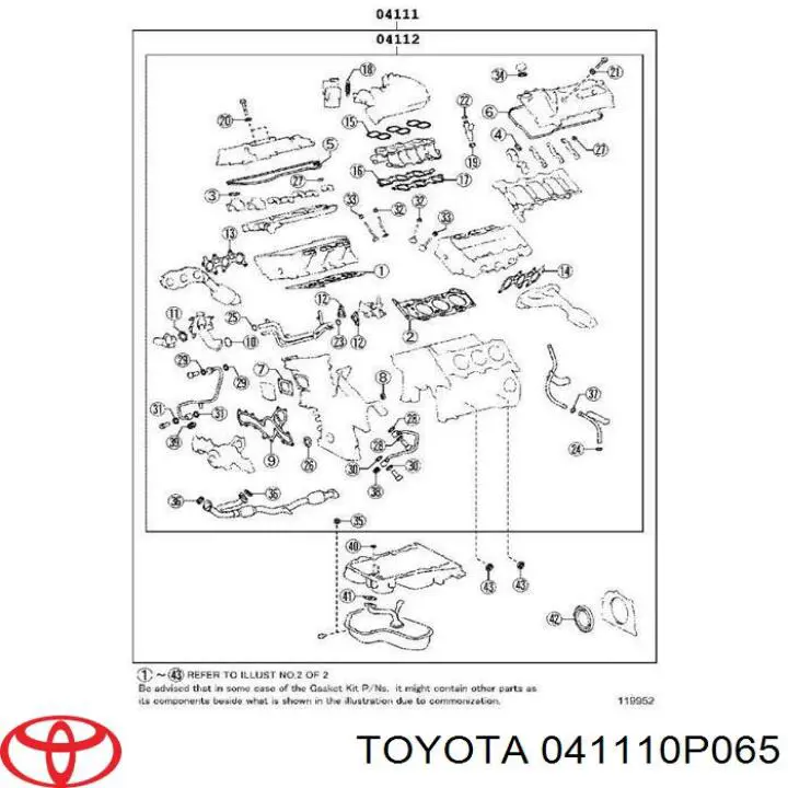 041110P065 Toyota комплект прокладок двигуна, повний