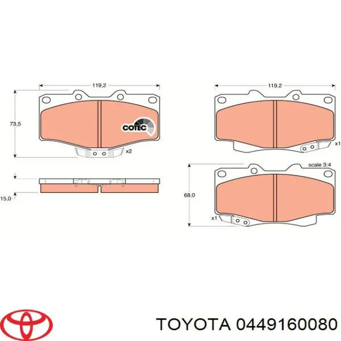 Колодки гальмівні передні, дискові 0449160080 Toyota