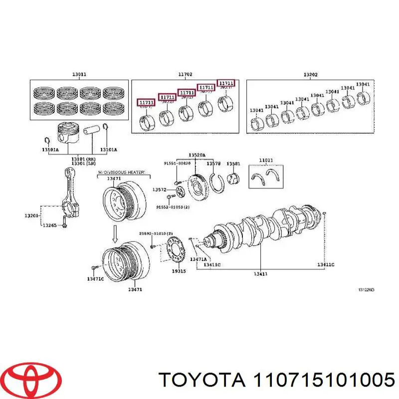 Вкладиші колінвала, корінні, комплект, стандарт (STD) Toyota Land Cruiser (J200) (Тойота Ленд крузер)