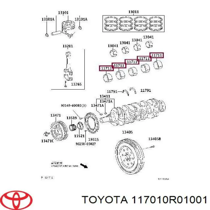 117010R01001 Toyota вкладиші колінвала, корінні, комплект, стандарт (std)