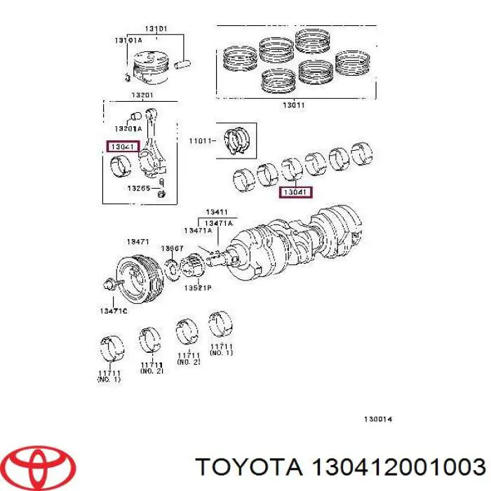 130412001003 Toyota вкладиші колінвала, корінні, комплект, 1-й ремонт (+0,25)