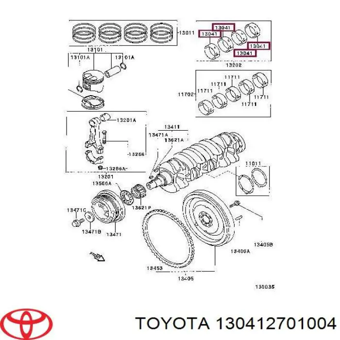 130412701004 Toyota вкладиші колінвала, корінні, комплект, 1-й ремонт (+0,25)