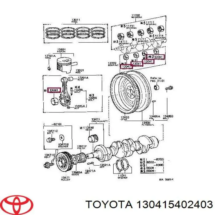 130415402403 Toyota вкладиші колінвала, корінні, комплект, 1-й ремонт (+0,25)