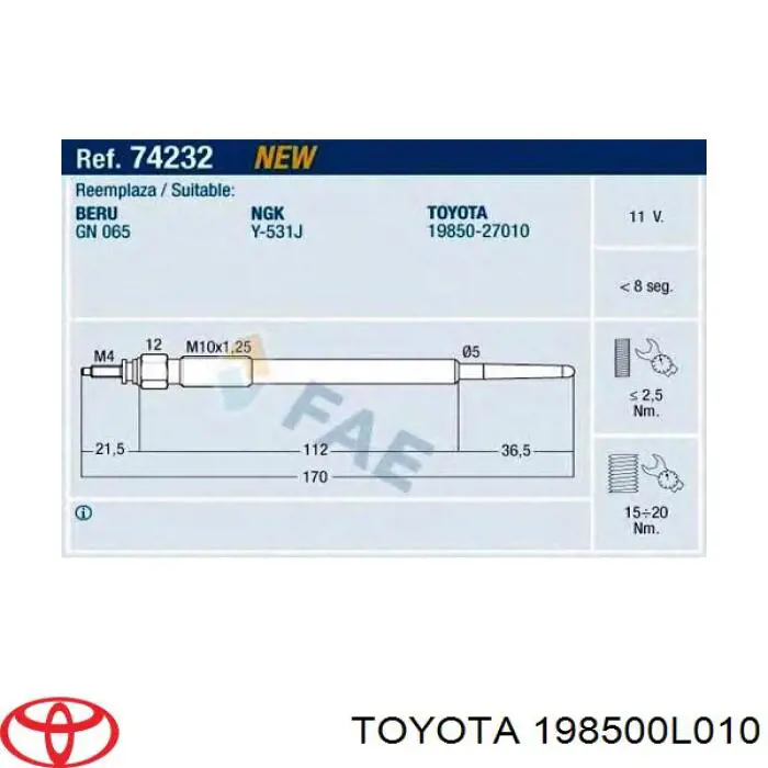 Купити 198500L010 Toyota Свічка накалу