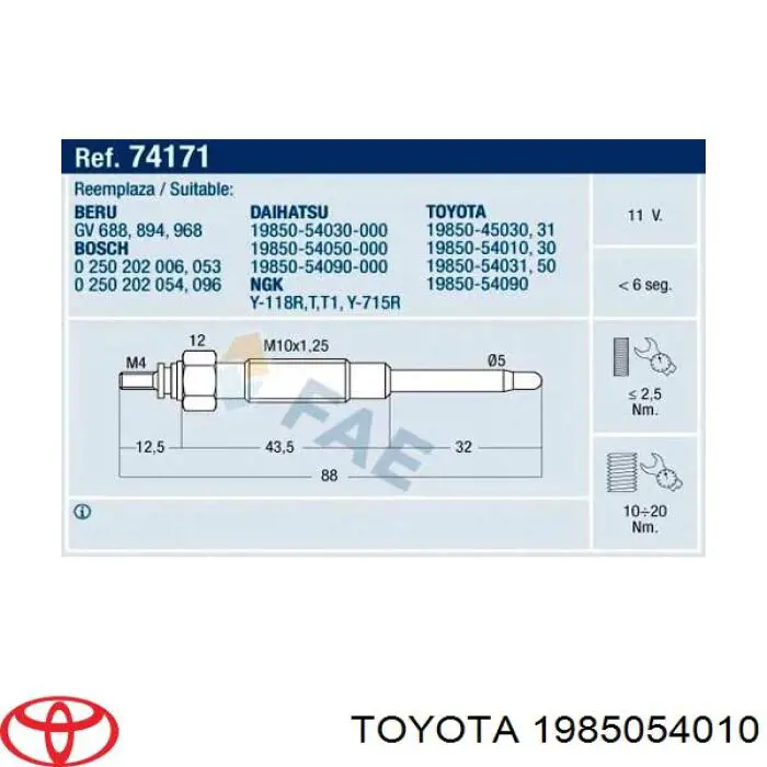 Купити 1985054010 Toyota Свічка накалу