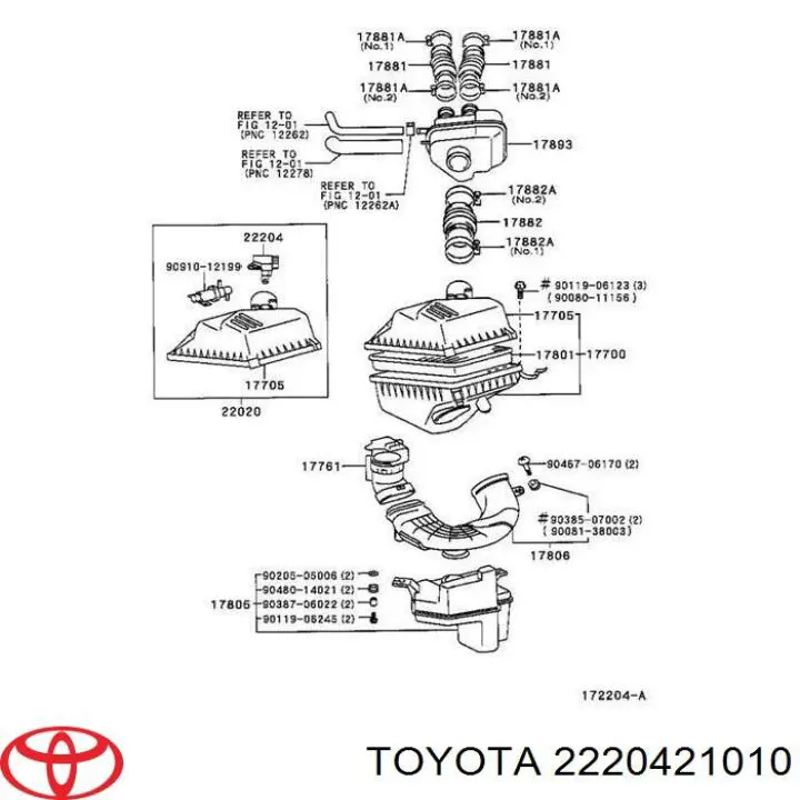 2220421010 Toyota датчик потоку (витрати повітря, витратомір MAF - (Mass Airflow))
