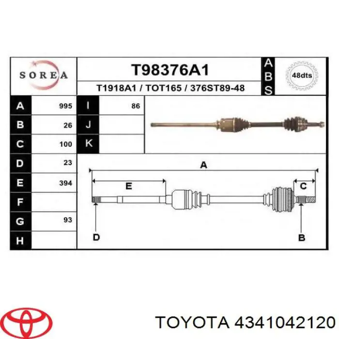 Піввісь (привід) передня, права 4341042120 Toyota