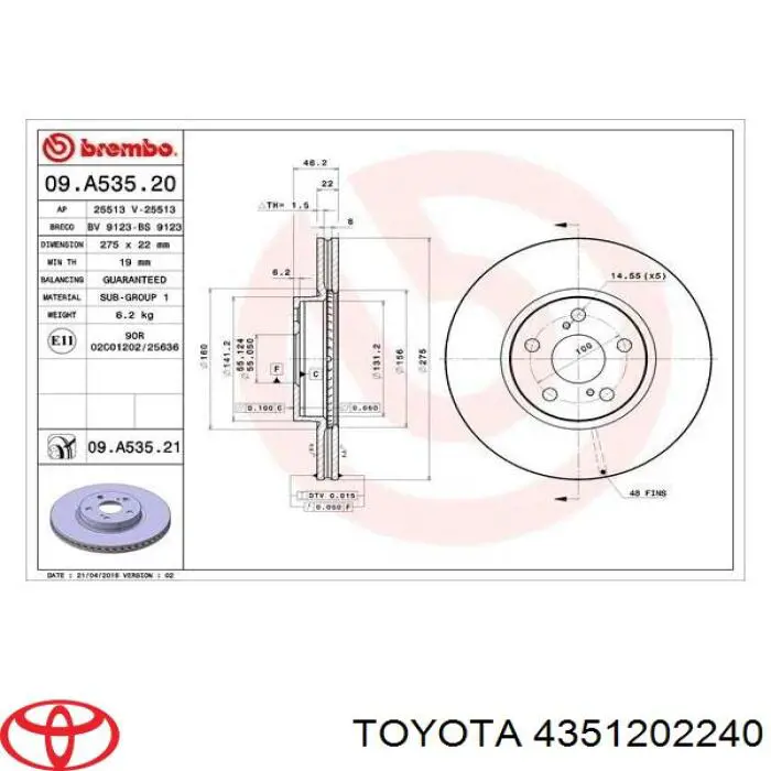 Диск гальмівний передній Toyota 4351202240
