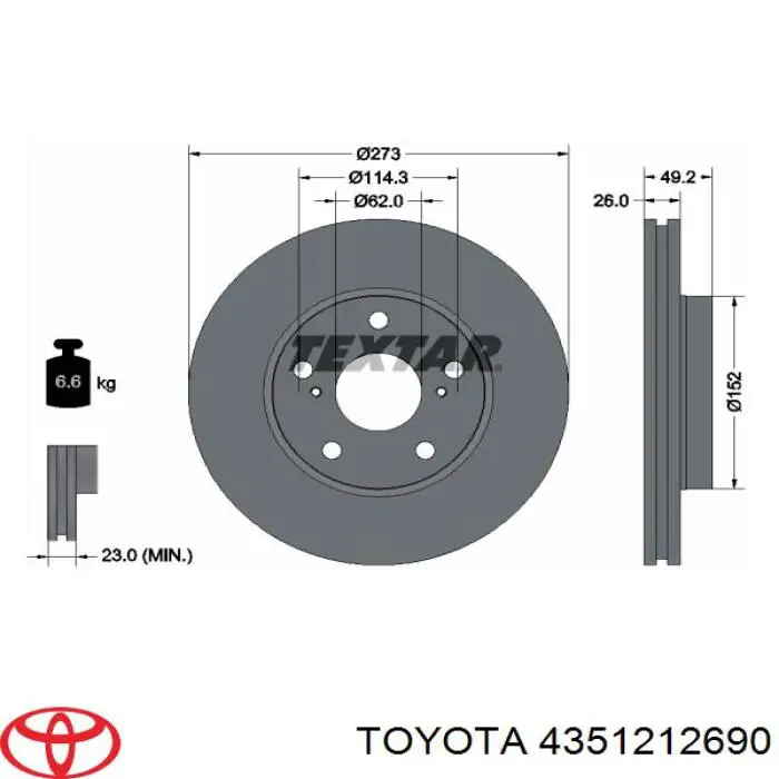 Диск гальмівний передній 4351212690 Toyota