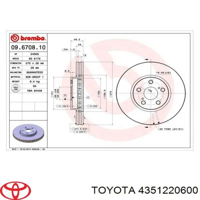 Диск гальмівний передній Toyota 4351220600