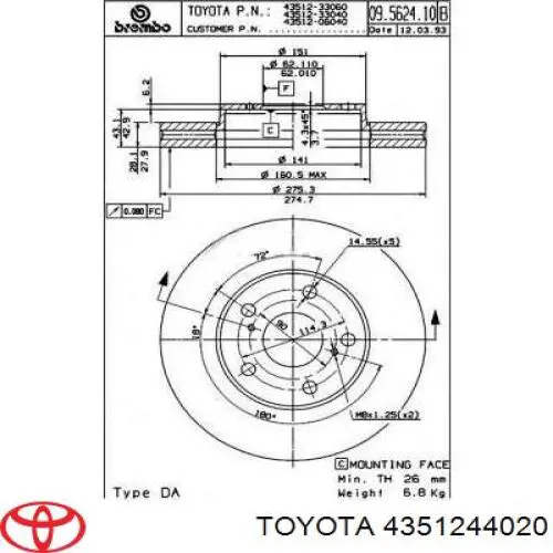 4351244020 Toyota диск гальмівний передній