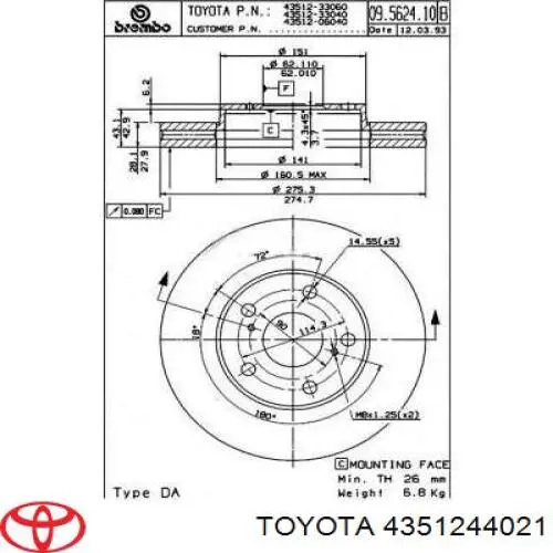 Гальмівні диски передні 4351244021 Toyota