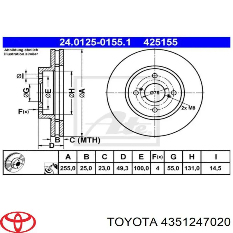 Диск переднього гальма Toyota 4351247020 ціна, від 33.26 USD