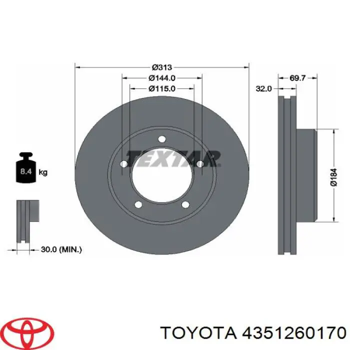 Диск гальмівний передній 4351260170 Toyota