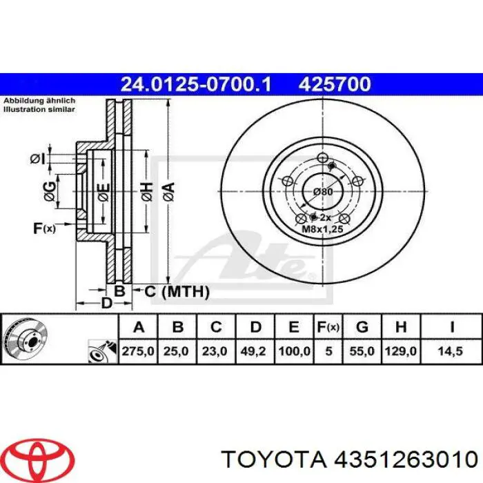 Диск гальмівний передній 4351263010 Toyota