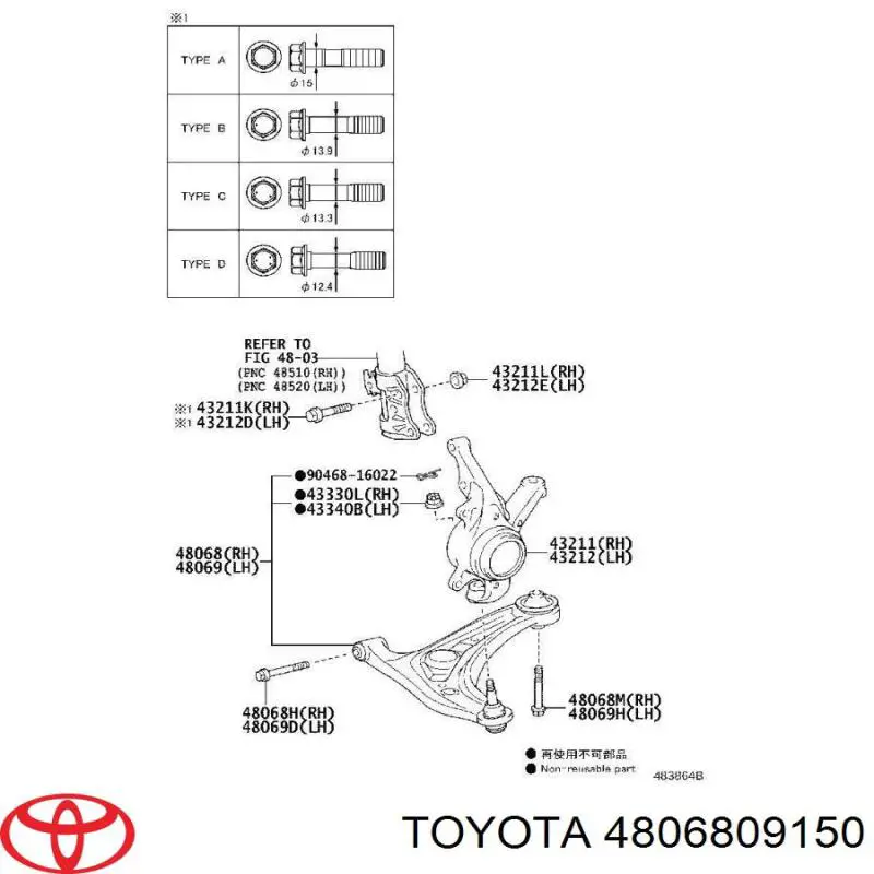 4806809150 Toyota важіль передньої підвіски нижній, правий