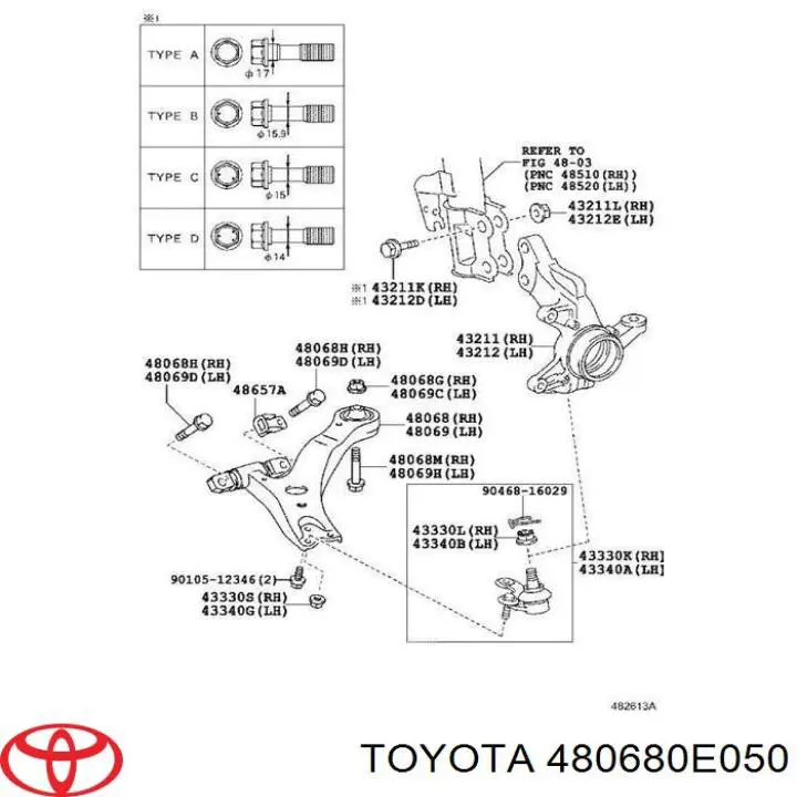 480680E050 Toyota важіль передньої підвіски нижній, правий