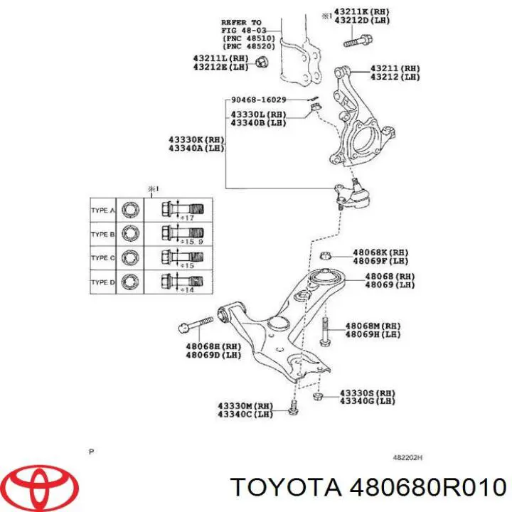 480680R010 Toyota Важіль передньої підвіски нижній, правий