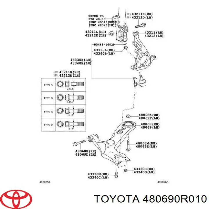 480690R010 Toyota важіль передньої підвіски нижній, лівий