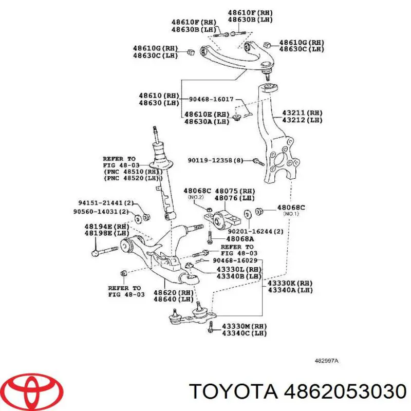 4862053030 Toyota Важіль передньої підвіски нижній, правий