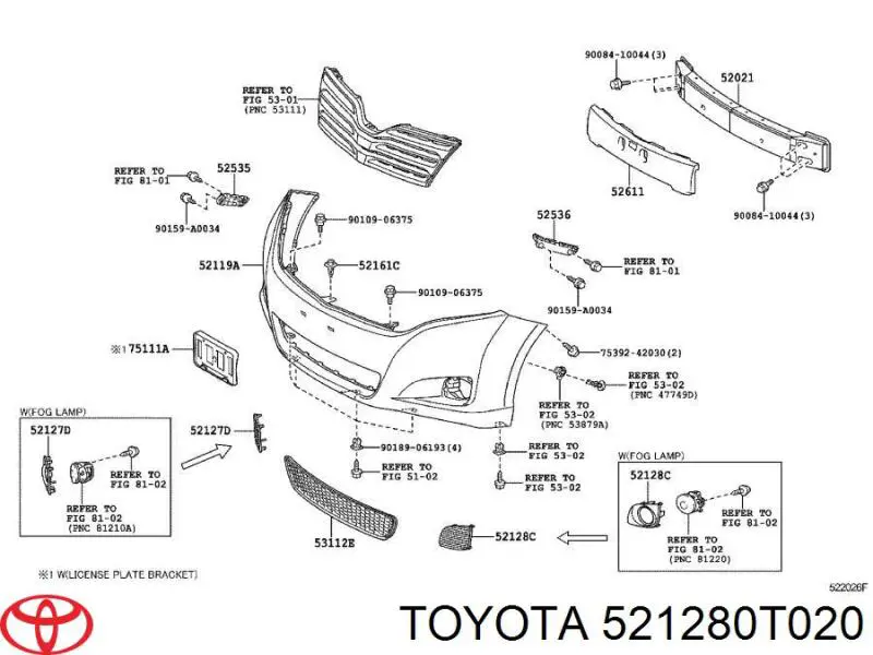 521280T020 Toyota заглушка/ решітка протитуманних фар бампера переднього, ліва