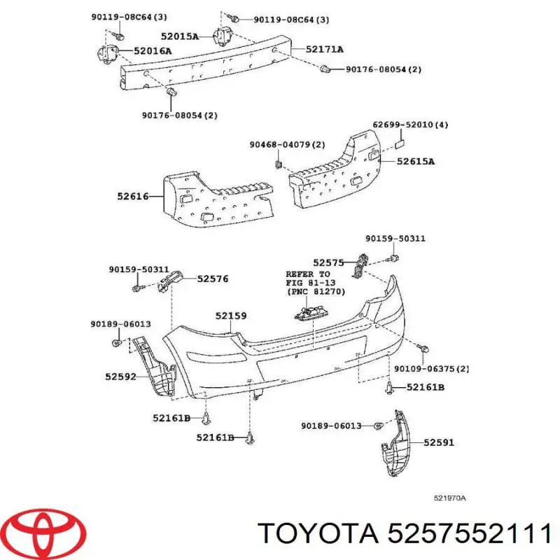 5257552111 Toyota Кронштейн бампера заднього, правий