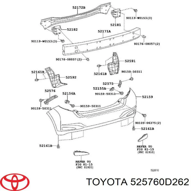 Лівий кронштейн заднього бампера Toyota 525760D262 ціна, від 36.16 USD