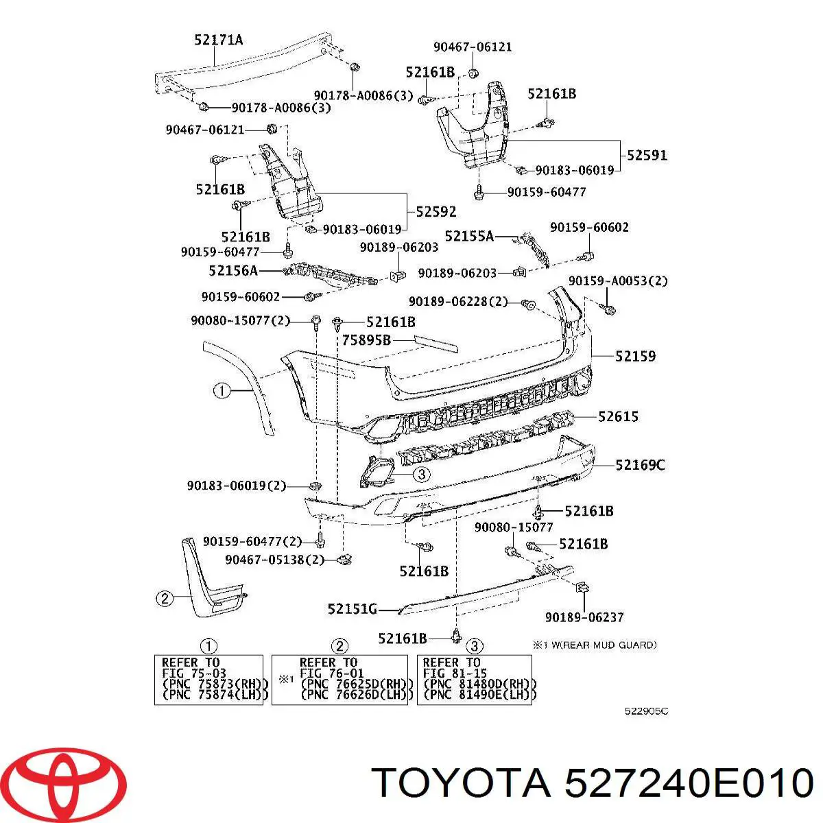 527240E010 Toyota Молдинг заднього бампера, лівий