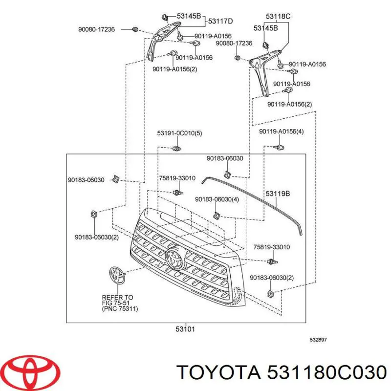 Кронштейн решітки радіатора Toyota 531180C030 ціна, від 29.97 USD