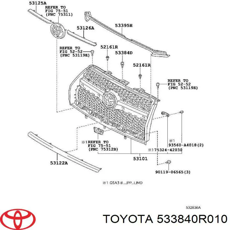 Кріплення решітки радіатора Toyota 533840R010