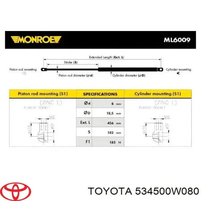 Амортизатор капота газовий Toyota 534500W080 ціна, від 8.31 USD