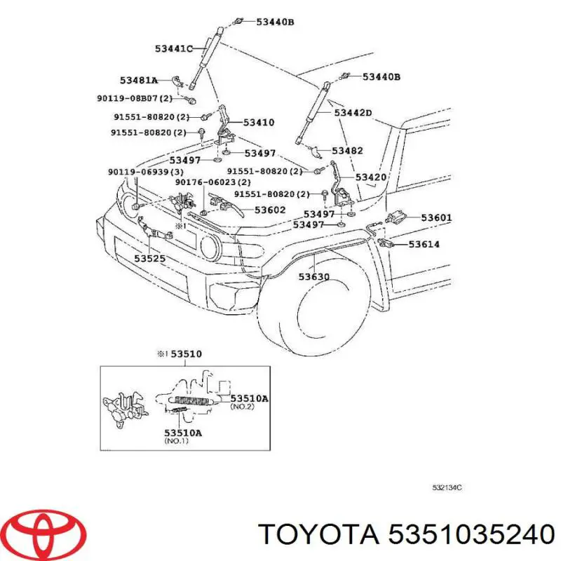 5351035240 Toyota Запор капота (замок і привід замка капота)